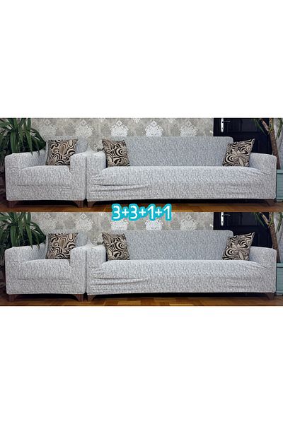 Hazineci Bey Taşgrey-Cream Jacquard Elastic Seat Cover Set - 3+3+1+1 Sofa and Sofa Bed Cover, Flexible Stretch