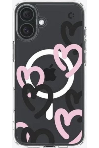 Spigen iPhone 16 Kılıf Ultra Hybrid MagFit MagSafe özellikli Hearts Black Pink - ACS08278