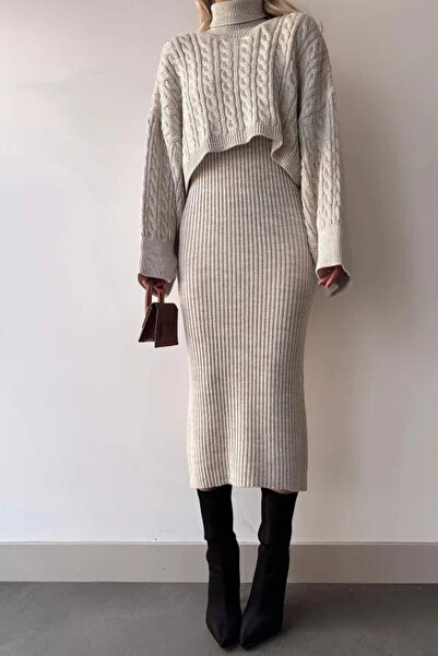 LONCA Kőnyakú kötött motívumú Crop pulóver és kötött ruha szett szabványos méretű