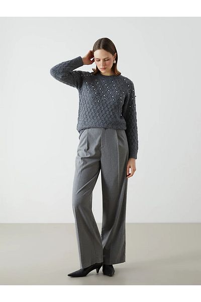 LC Waikiki Lcwaikiki Classic Gray Crew Neck Bead Embroidered Women's Knitwear Sweater