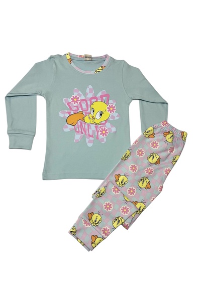 YUMİYUMM Kız Çocuk Tweety Desenli Mavi Uzun Kollu Pijama Takımı