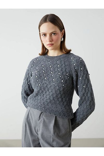 LC Waikiki Lcwaikiki Classic Gray Crew Neck Bead Embroidered Women's Knitwear Sweater