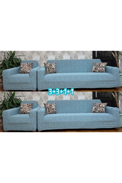 Hazineci Bey Mint Jacquard Elastic Seat Cover Set - 3+3+1+1 Sofa and Sofa Bed...