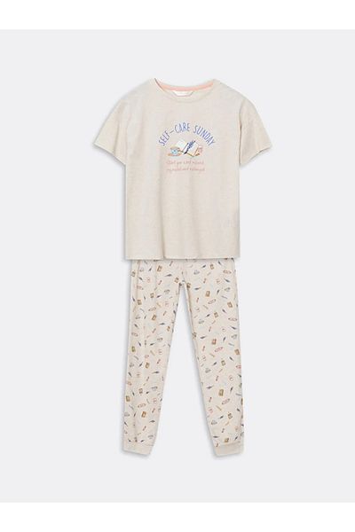 LC Waikiki LCW DREAM Beige bedrucktes Damen-Pyjama-Set mit Rundhalsausschnitt