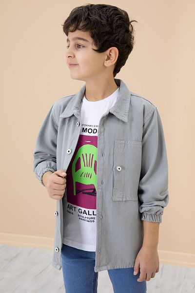 Cansın Mini Tricou cu imprimeu gri pentru băiat Cămăși din jean Set 2 piese 20030