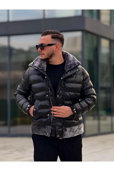 KINGAF Inflatable Winter Leather Coat with Collar and Skirt Fur