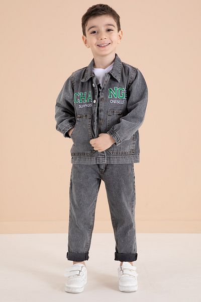 Cansın Mini Smoked Print Embroidered Jacketed 3-Piece Boys' Jeans Suit 20003