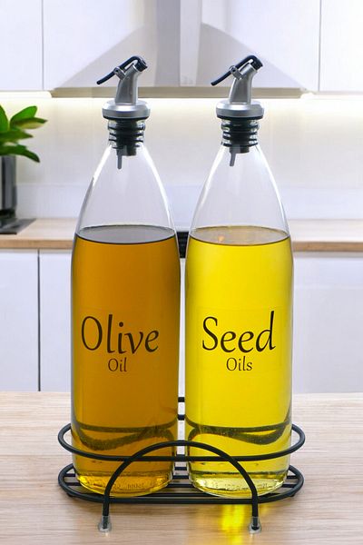 Digithome Aura Set of 2 Black Metal Stand Oil Pots Glass Oil Pot with Clear Label 1000 ml Cys-17