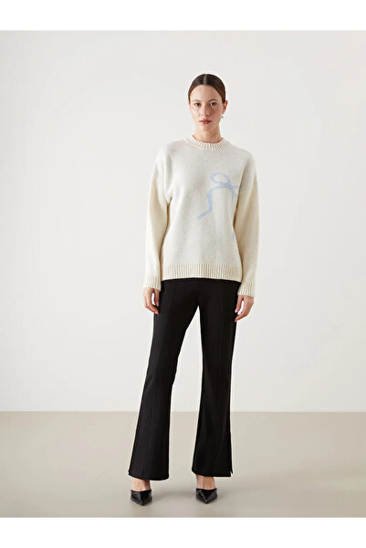 LC Waikiki LCW Modest Ekru Bisiklet Yaka Kurdele Baskılı Kadın Triko Kazak