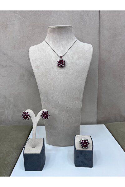ZESBOUTIQUE Gümüş Yakut Taşlı Kolye, Küpe ve Yüzük Seti - 3'lü Zarif Takı Seti