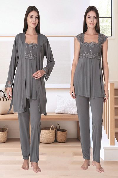 Pelin Women's Smoked Strap Lace Maternity Maternity 3-Piece Pajamas Set