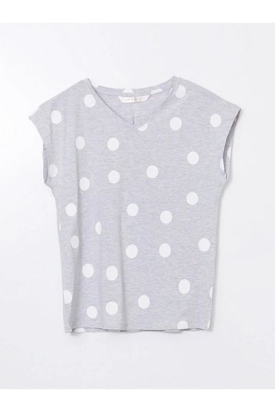 LC Waikiki Lcw Dream Gray V-Neck Polka Dot Women's Sleepwear Top