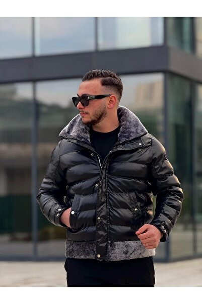 KINGAF YAKA VE ETEĞİ KÜRKLÜ KIŞLIK ŞİŞME DERİ MONT