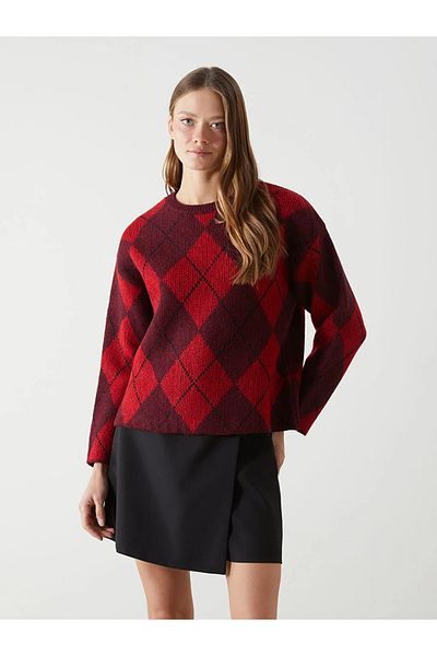 LC Waikiki Lcw Vision Red Crew Neck Diamond Pattern Oversize Women's Knitwear Sweater