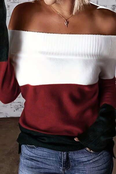 Mossta Burgundy Block Patterned Madonna Collar Knitwear Blouse