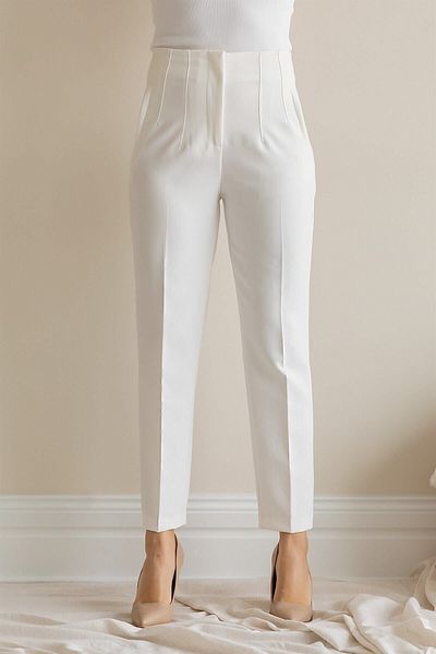 Tebessüm Life Pantaloni albi din stofă cu talie înaltă