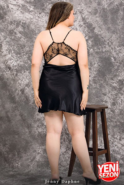 Jenny Daphne Nightgown with Lace Sleeves Black Satin Robe Nightgown Set 2 Pieces 16136