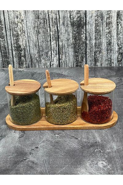 YzHome Acacia Set of 3 - Storage Jar with Spoon, Stand and Spice Holder