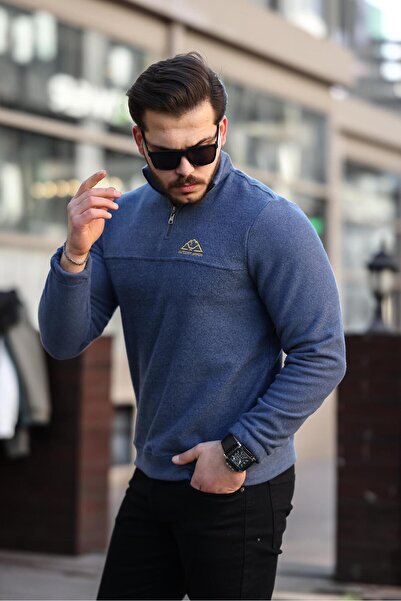 Miron Mavi Unisex Nakışlı Dik Yaka Yarım Fermuarlı polar Sweatshirt- 2321