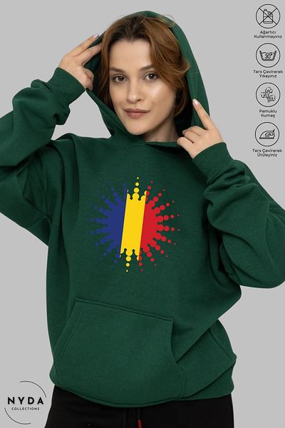 Nyda Collections Unisex Hoodie Long Sleeve Romania Printed Hooded Raster Oversize Cotton Sweatshirt