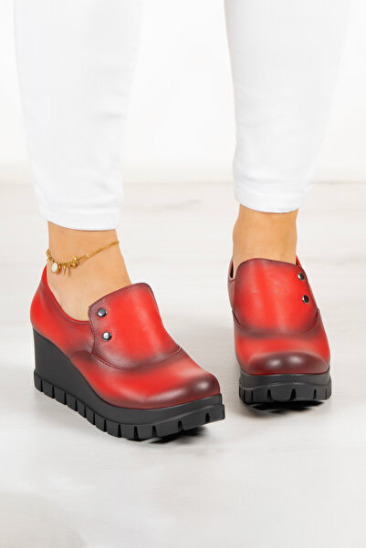 Erkan Saçmacı Gloria Red Genuine Leather Daily Wedge Heel Shoes