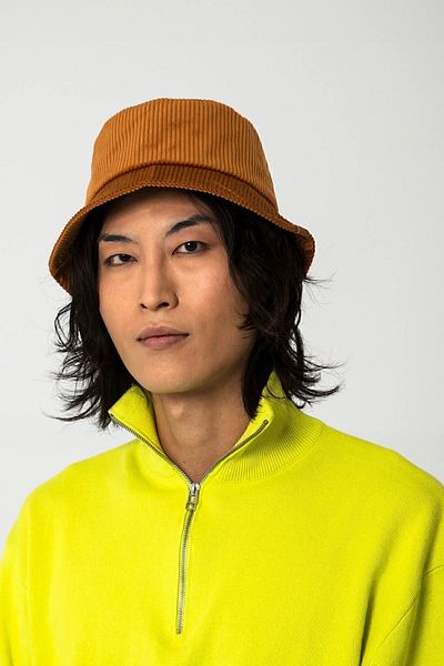 Nordbron Unisex Mustard 100% Cotton Basic Solid Color Bucket Bucket Hat with Wide Leather Label Detail Belluno