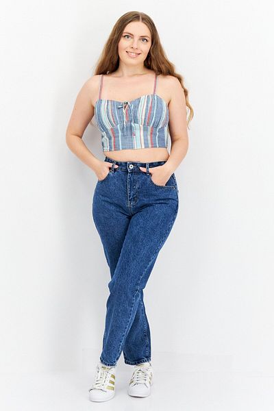 LUCKY BRAND Women Tie Neckline Sleeveless Stripe Crop Top, Blue Combo