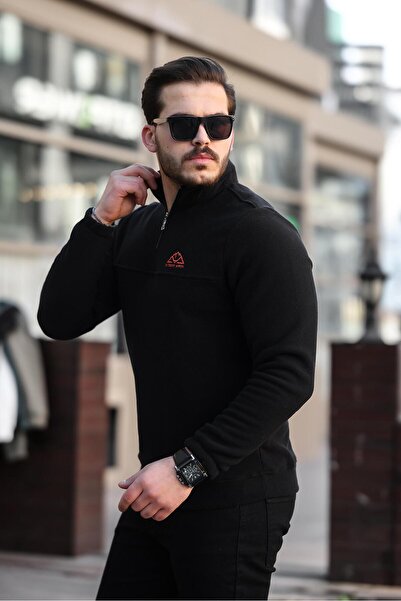 Miron Unisex Μαύρο κεντημένο γιακά με φερμουάρ Fleece φούτερ - 2321