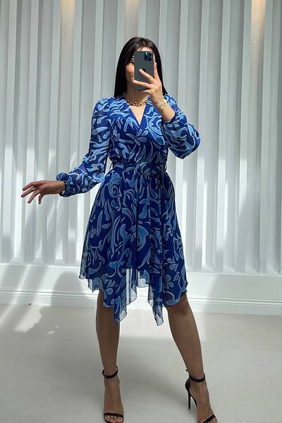 Neşeli Butik rochie de damă albastră din șifon cu căptușeală asimetrică NBMY3350