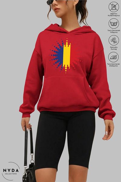 Nyda Collections Унисекс суитшърт с дълъг ръкав и качулка с щампа Румъния, релефно изпъкнало, голям размер, памучен суитшърт