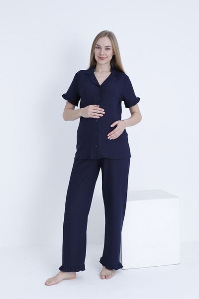 Miss Dünya Lissa Front Button Shirt Collar Adjustable Waist Elastic Woven Maternity and Maternity Pajamas Set