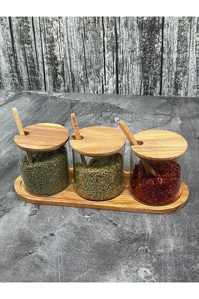 YzHome Acacia Set of 3 - Storage Jar with Spoon, Stand and Spice Holder