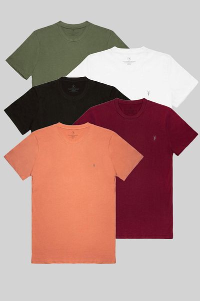 COMBİNE MİCHAİL Men's Khaki-White-Black-Burgundy-Orange 100% Cotton 5-Piece T-Shirt