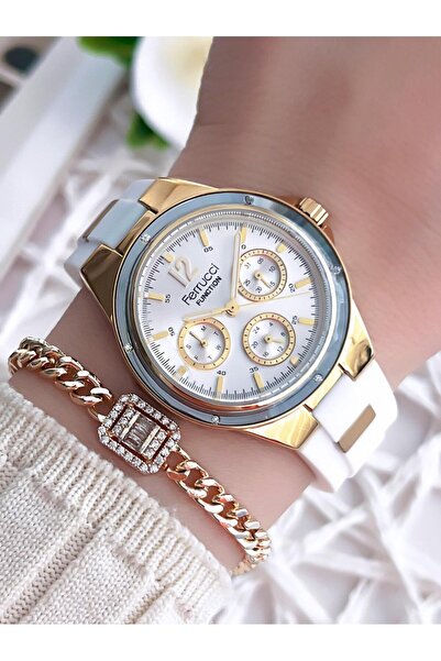 Ferrucci Silikon Kordon İç Fonksiyonları Aktif 3 Atm Spor Kadın Kol Saati+BilekliK BFC.03427.S2