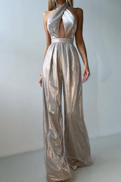 Neşeli Butik Women's Silvery Palazzo Back Cross Detailed Jumpsuit Nbdf134
