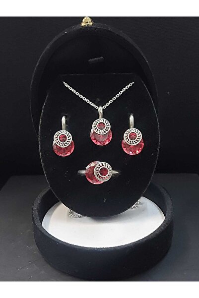 sarıyer silver Gümüş Set Kırmızı Topaz Doğal Taş Modern Tasarım 925 Ayar Koly...