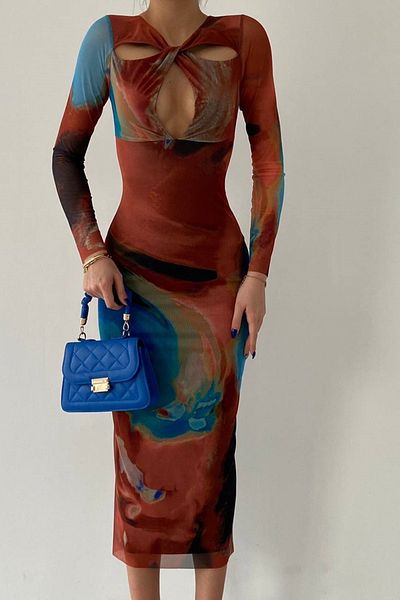 bayansepeti Lined Tie-Dye Pattern Tulle Fabric Bust Low-Cut Detail Midi Evening Dress 322