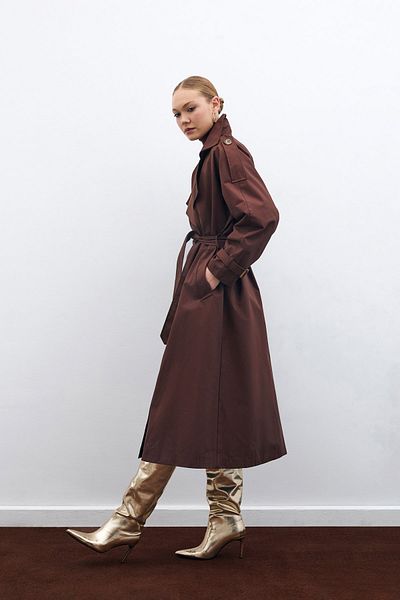 Sateen Long Coffee Color Belted Trench Coat