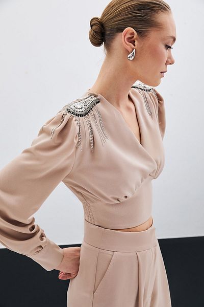 Sateen Short Blouse with Shoulder Accessories - Beige