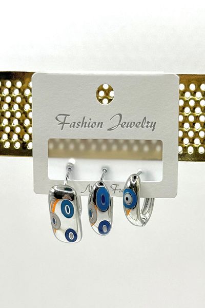 DEMOKAN Women's Earrings Special Series 3 Row Size Ellipse Enameled Evil Eye Bead Motif Non-Tarnish Earrings
