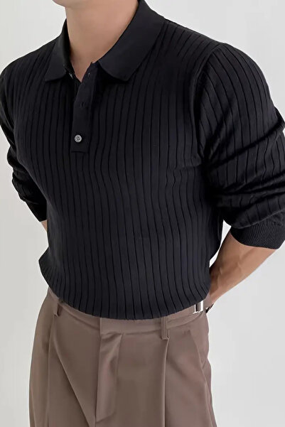 Tarz Cool Erkek Siyah Düğmeli Polo Yaka Triko Kazak