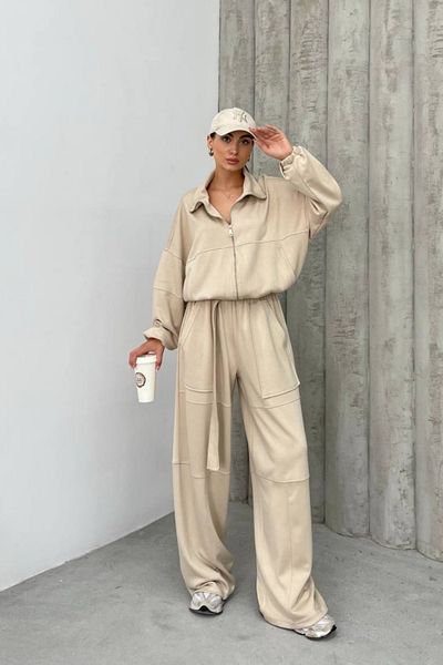 msm fashion Women's Tracksuit Set Wide Leg Large Pocket Belt Soft Touch Double Set