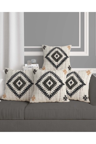 Hayal Dekoratif Yerli Amerikan Gri Krem Etnik Dekor Stili Dijital Baskılı Hediyelik 4'lü Kırlent Yastık Kılıfı Seti
