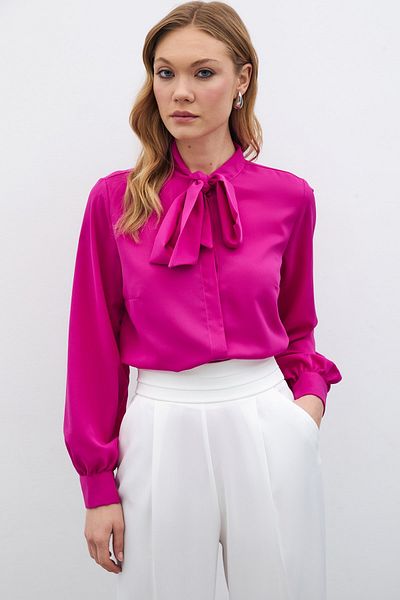 Sateen Tie Collar Plain Shirt - Fuchsia
