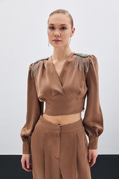Sateen Short Blouse with Shoulder Accessories - Camel