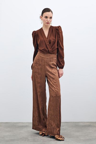 Sateen Jacquard Casual Trousers - Brown