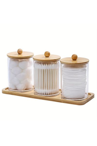 Choice 4pcs Bamboo Cover 10 Oz Cotton Swab/ball/pad Holder With Vanity Tray, Qtip Apothecary Jar, Clear Bat