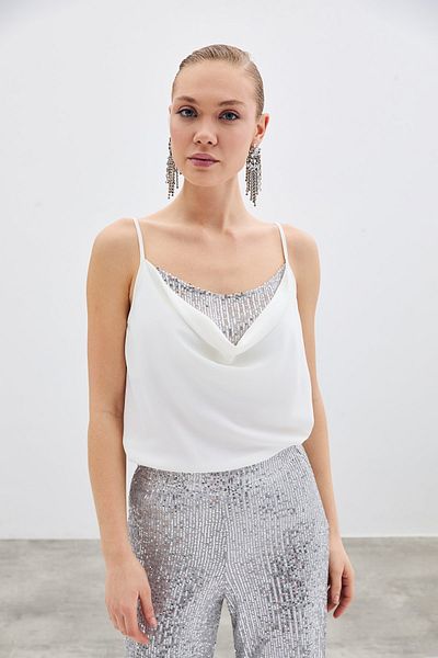 Sateen Plunging Neck Blouse - Ecru