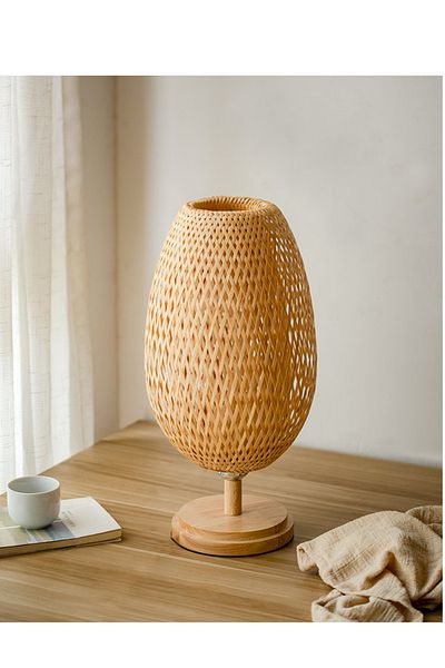 JOYINLED Long-eu Plus Small Rattan Table Lamp, Stepless Dimmable Beside Lamp, Vintage Wicker Wooden Nightstan