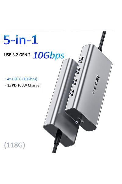 Choice موزع USB C 5 في 1-10 جيجا بايت في الثانية (118 جيجا بايت) Minisopuru USB C Hub 10 جيجا بايت في الثانية 4 منافذ USB C إلى موزع USB C لنقل البيانات عبر الإنترنت